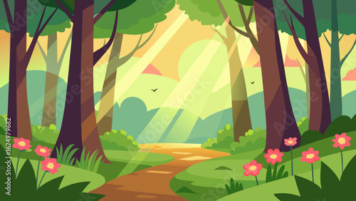 Forest Glade with Flowers and Sunlight Filtering Through Trees