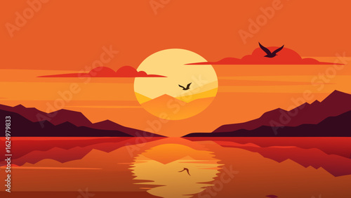 Calm Sunset Reflected on a Quiet Lake with Flying Birds