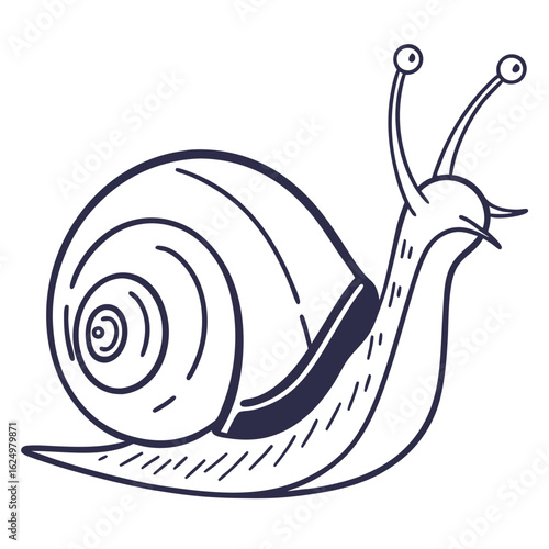 A funny cartoon illustration of a cute snail with a spiral shell on a white background