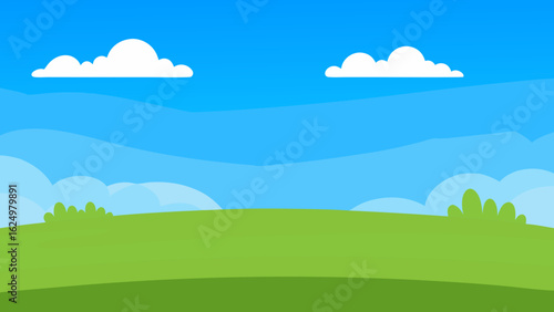 Wide Cartoon Field Featuring Lush Green Grass Under Clear Blue Sky