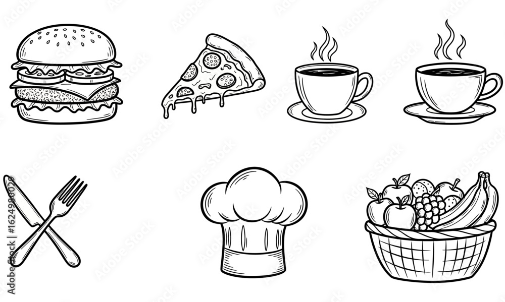 Fototapeta premium Black and white food illustrations featuring a burger pizza coffee and fruit basket with chef hat