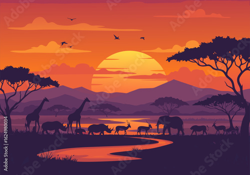 Vector Illustration of African Savanna Sunset – Flat Design Scene with Silhouetted Wildlife, Acacia Trees, Glowing Horizon, and Winding River Under Vibrant Orange-Red Sky