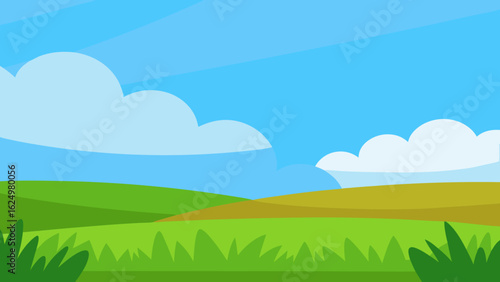 Wide Cartoon Field Featuring Lush Green Grass Under Clear Blue Sky