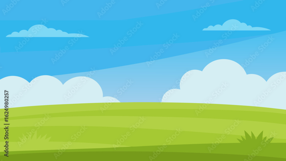 Wide Cartoon Field Featuring Lush Green Grass Under Clear Blue Sky Wide Cartoon Field Featuring Lush Green Grass Under Clear Blue Sky