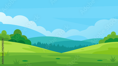 Open Meadow Scene in Vector Art Style with Distant Trees and Blue Sky
