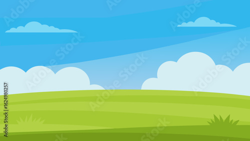 Wide Cartoon Field Featuring Lush Green Grass Under Clear Blue Sky