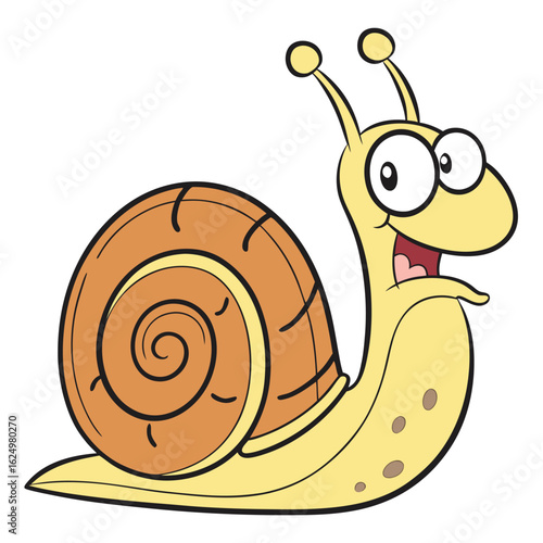 A cute, funny snail cartoon character with a spiral shell and a smiling face