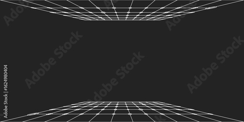 Abstract black background with white perspective grid lines. Retro futuristic synthwave wireframe floor vector. Digital cyber horizon texture for gaming banner or tech design.