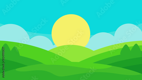 Bright Green Valley Scene with Soft Grass and Minimalist Trees