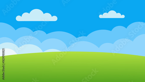 Wide Cartoon Field with Lush Green Grass and Clear Blue Sky Background