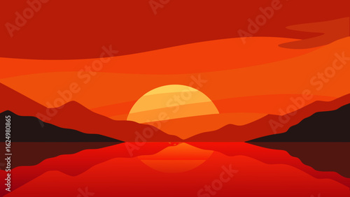 Calm Vector Sunset Over a Still Lake Reflecting Golden Evening Light