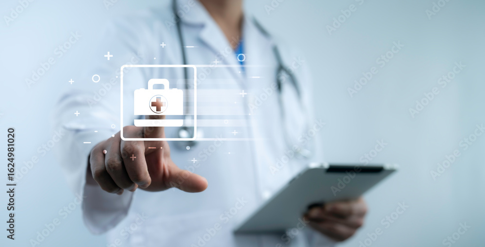 Fototapeta premium Doctor tapping digital medical bag icon with futuristic interface technology. Healthcare access, smart hospital system, online medical service and AI-assisted treatment concept