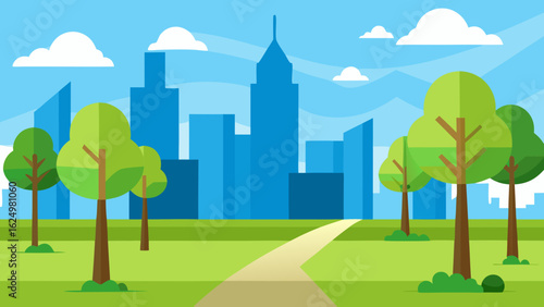 Dynamic City Park Scene with Geometric Trees and Modern Architecture