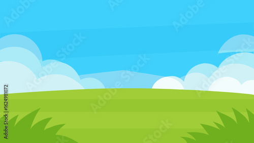 Wide Cartoon Field with Lush Green Grass and Clear Blue Sky Background