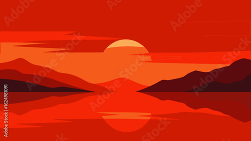 Calm Vector Sunset Over a Still Lake Reflecting Golden Evening Light