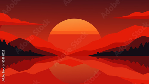 Calm Vector Sunset Over a Still Lake Reflecting Golden Evening Light