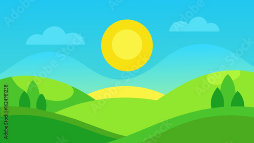 Bright Green Valley with Soft Grass and Minimal Trees Vector Art