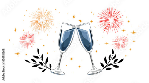 Champagne glasses clinking with fireworks and festive decorations  