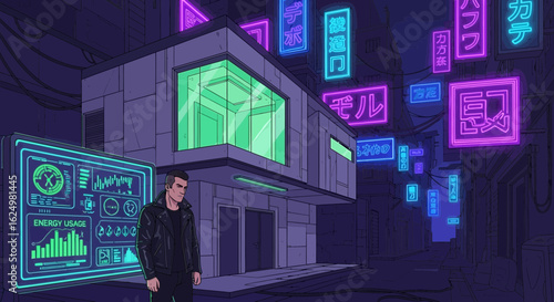 Cyberpunk City Dweller Monitoring Home's Energy Efficiency Display