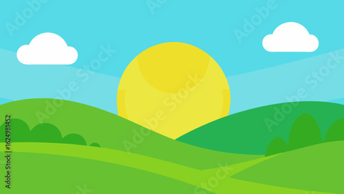 Bright Green Valley with Soft Grass and Minimal Trees Vector Art
