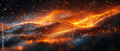 Abstract fiery landscape, digital art, glowing particles,  orange and black color scheme, dynamic waves