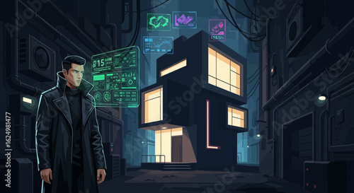 Cyberpunk Vigilance Man Amidst Neon Urban Future Scenery