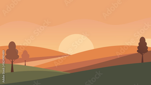Calm Dawn Illustration of a Hilly Field in Muted Tones with Fog