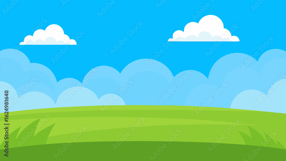 Fototapeta premium Wide Cartoon Field with Lush Green Grass and Clear Blue Sky Background