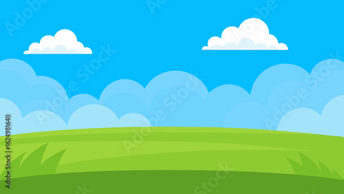 Wide Cartoon Field with Lush Green Grass and Clear Blue Sky Background