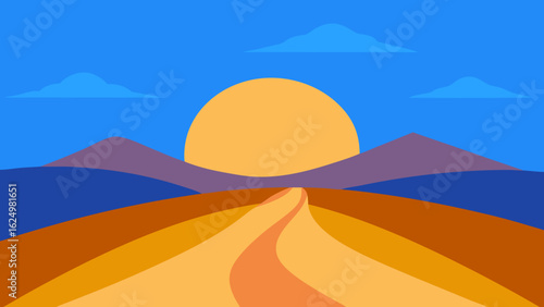 Peaceful Cartoon Sunrise Over Layered Blue Hills with Soft Morning Glow