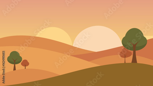 Calm Dawn Illustration of a Hilly Field in Muted Tones with Fog