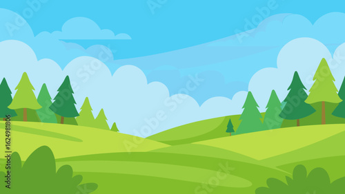 Open Meadow Scene in Vector Art Style with Distant Trees and Sky