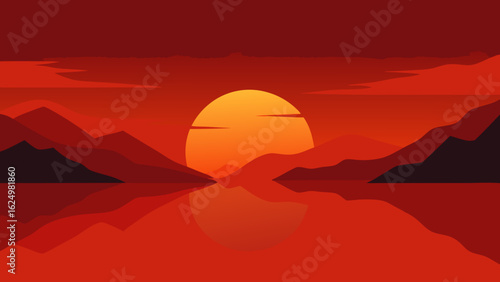 Calm Vector Sunset Over a Still Lake Reflecting Golden Evening Light