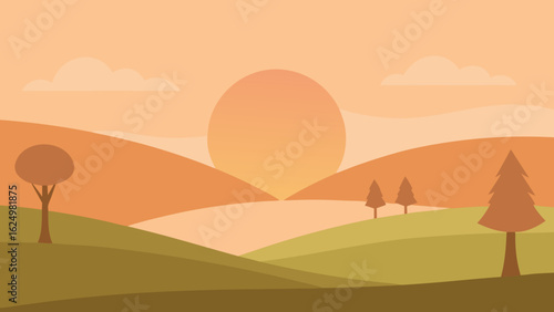 Calm Dawn Illustration of a Hilly Field in Muted Tones with Fog