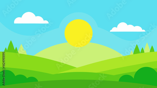 Bright Green Valley with Soft Grass and Minimal Trees Vector Art