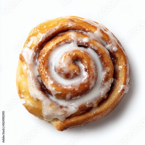 Wallpaper Mural Cinnamon. A warm cinnamon roll with a gooey, cinnamon swirl and light glaze, freshly baked and fully visible against a white background, ideal for breakfast or dessert. Torontodigital.ca