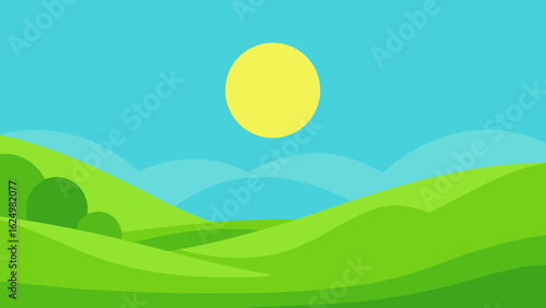 Bright Green Valley with Soft Grass and Minimal Trees Vector Art