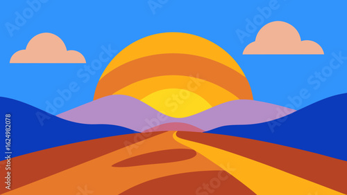 Peaceful Cartoon Sunrise Over Layered Blue Hills with Soft Morning Glow