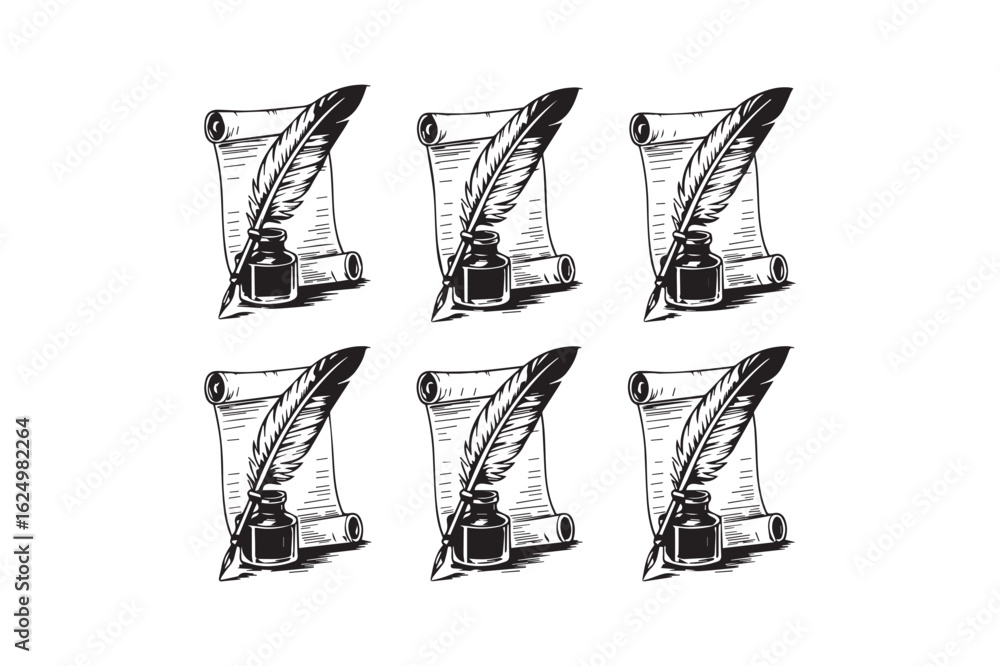 Obraz premium Vintage Quill Pen and Scroll Paper Set – Hand Drawn Black and White Line Art