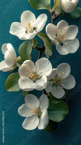 Delicate White Blossoms on Teal Background: A Springtime Floral Still Life