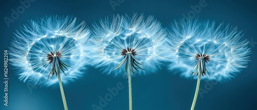 Serene Dandelions: A Trio of Wispy Wonders Against a Teal Sky