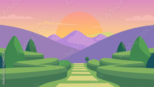 Peaceful Hilltop Garden Vector Art Illustration with Scenic Landscape View