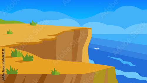 Dramatic Coastal Cliff Scene in Cartoon Vector Style Ocean Landscape