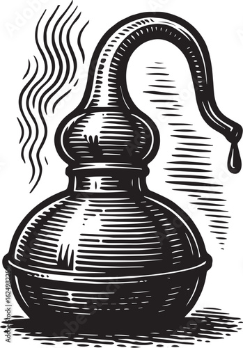 Linocut illustration of antique alembic still with steam lines in bold black engraving style.