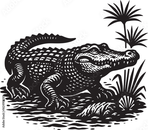 Wallpaper Mural Linocut illustration of crocodile walking near river plants in bold black engraving style. Torontodigital.ca