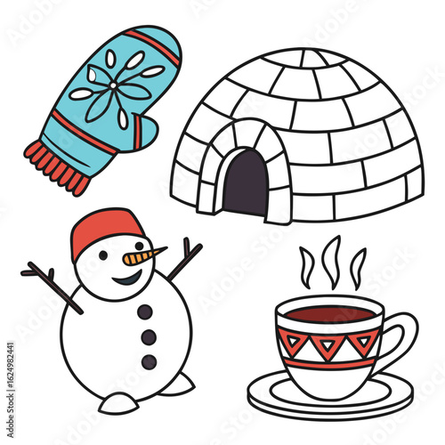 Cute cartoon winter icons including a snowman igloo mitten and a hot drink in a mug