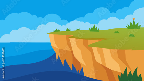 Dramatic Coastal Cliff Scene in Cartoon Vector Style Ocean Landscape
