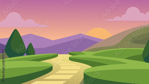 Peaceful Hilltop Garden Vector Art Illustration with Scenic Landscape View