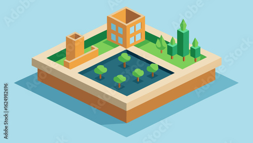 Modern Isometric Rooftop Garden Vector Art with Greenery and Urban Views