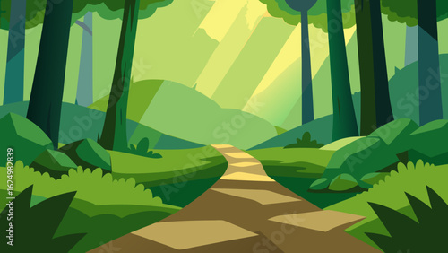 Lush 2D Vector Forest Clearing with Small Mounds and Greenery Scene